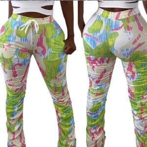 Tropical floral ruched high waist drawstring pants